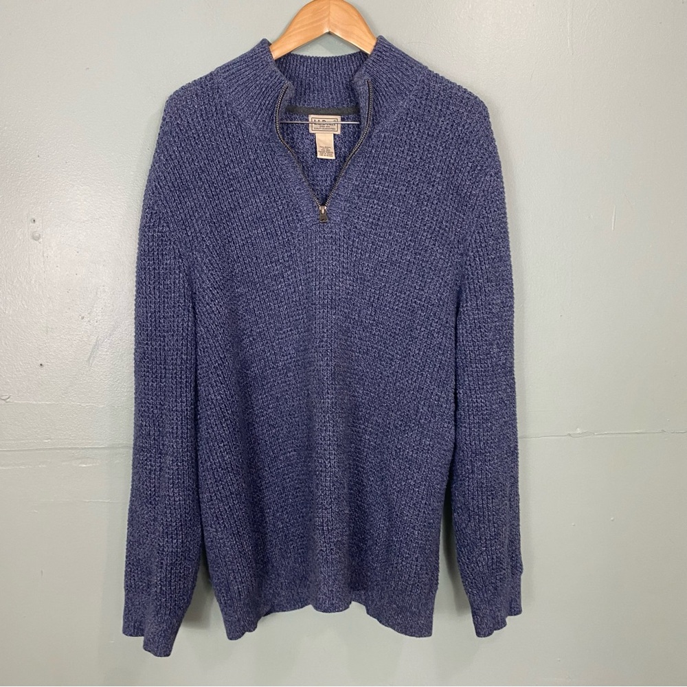 LL Bean Organic Cotton‎ Waffle Knit Sweater Quarter Zip Blue 508120 Size XXL